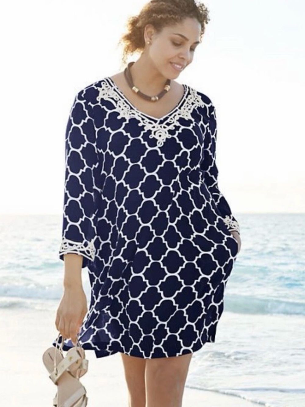 Lands End Tunic Swim Cover Up Small Navy Blue Patterned White Soutache Braid